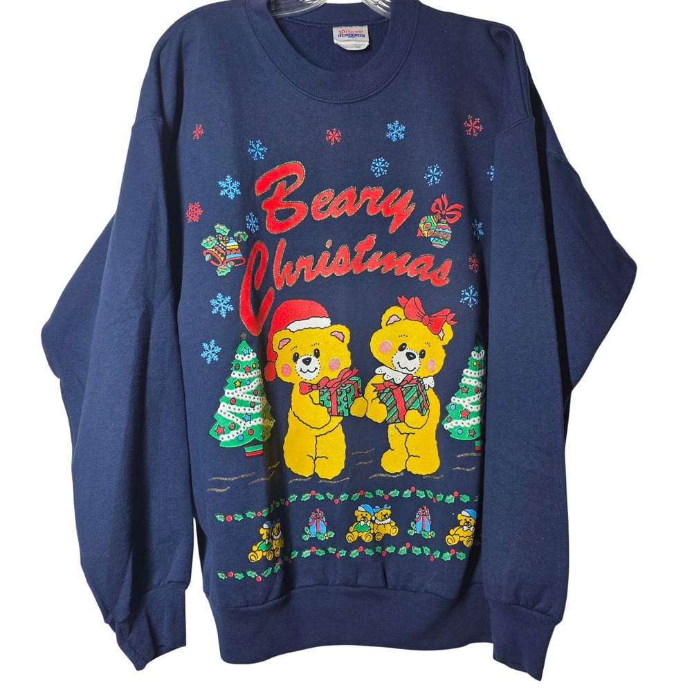 Hanes Beary Christmas Sweatshirt Large Navy Blue Glitter Teddy Bear Holiday 90's